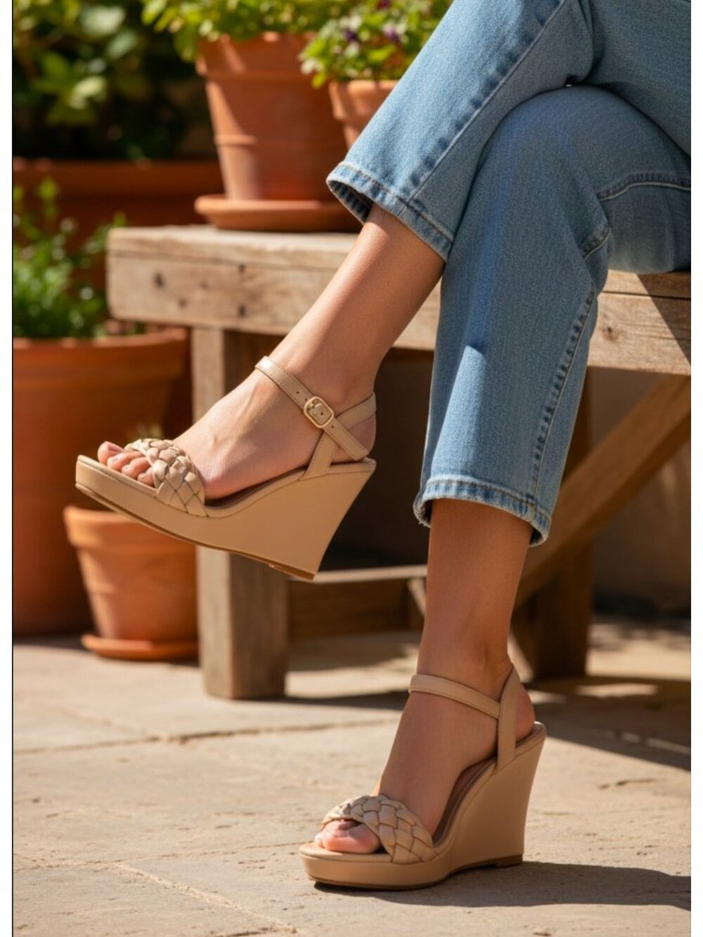 Braided Taupe Wedge Sandals With Adjustable Ankle Strap For Women